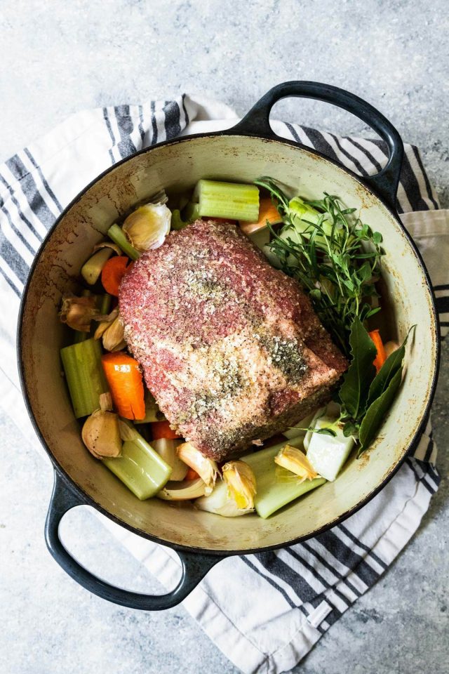 top round roast - roast beef with ingredients in a pan