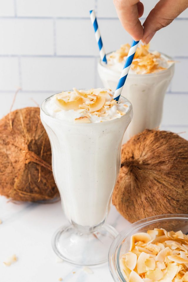 coconut shake recipe - white shake drink on a counter