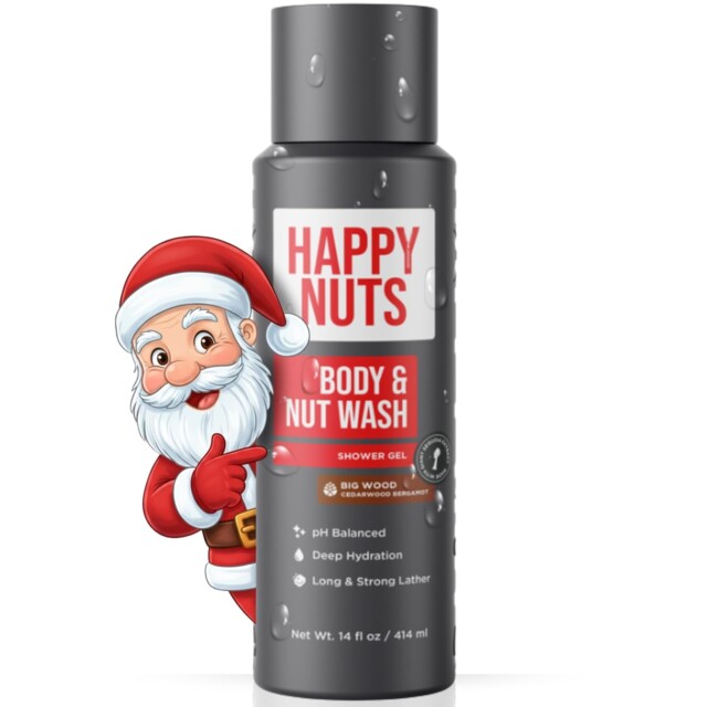 HAPPY NUTS Big Wood Body and Nut Wash - Moisturizing Men's Shower Gel, Bodywash with Deep Cleanse for Sensitive Skin