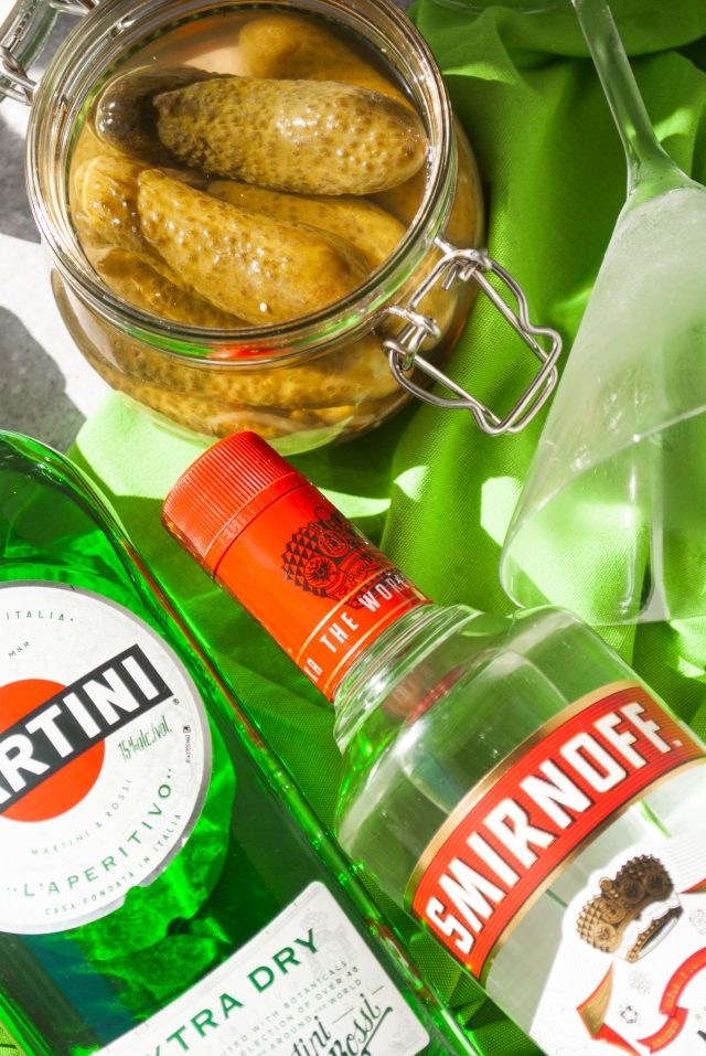 dill pickle martini - phoot of ingredients used to make the cocktail
