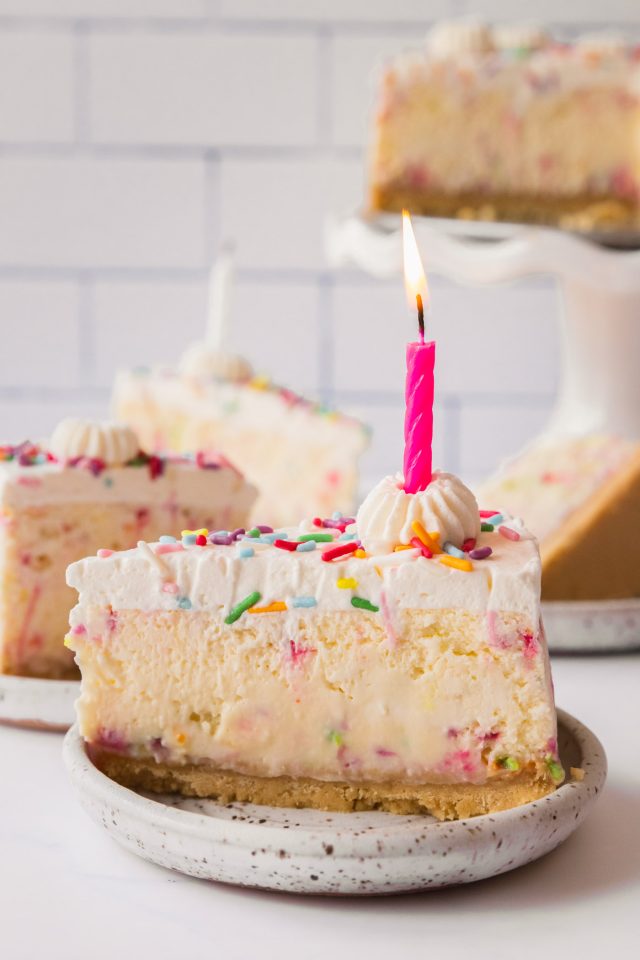 birthday cheesecake - close up of a slice of birthday cheesecake