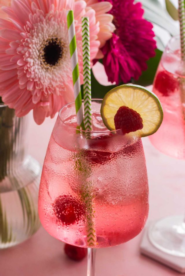 pink gin cocktail - close up shot cocktail with garnish