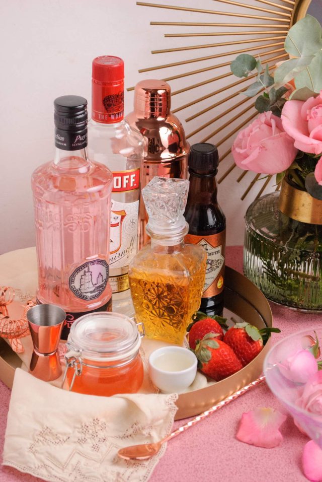 rose gin cocktail - ingredients used to make the cocktail