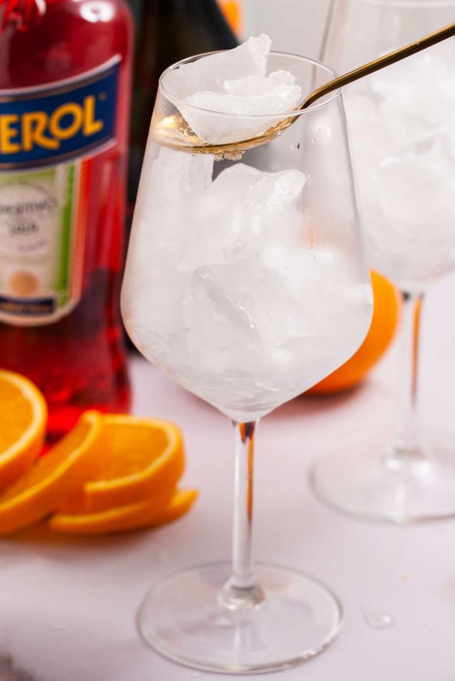 what's in an aperol spritz - a cup with ice cubes