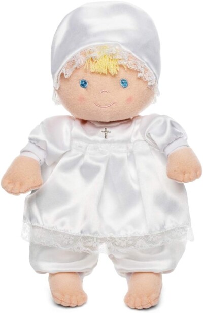 Genius Baby Toys Baptism First Baby Doll - Christening Doll in White Satin Dress for Baby, 12" - Baptism Gifts for Girl or Baptism Gifts for Boys 