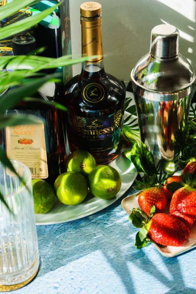 ingredients to make strawberry hennessy cocktail