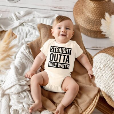 Straight Outta Holy Water Onesies® Brand, Christian Baby Announcement Bodysuit, Baby Shower Gift, Catholic Baby Clothes for baptism gift ideas