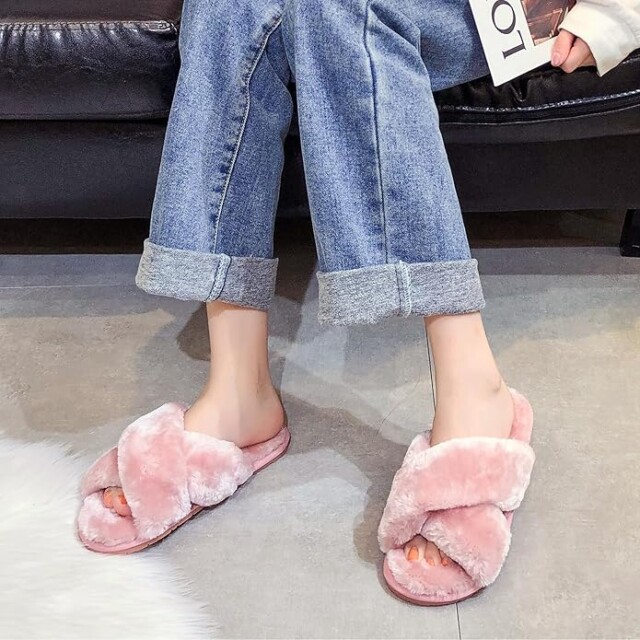 Crazy Lady Women's Fuzzy Fluffy House Slippers Cute Plush Memory Foam Shoes Cross Band Indoor Outdoor Open Toe Sandals