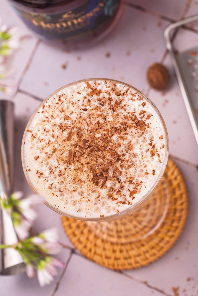 top view of a glass of Brandy Alexander