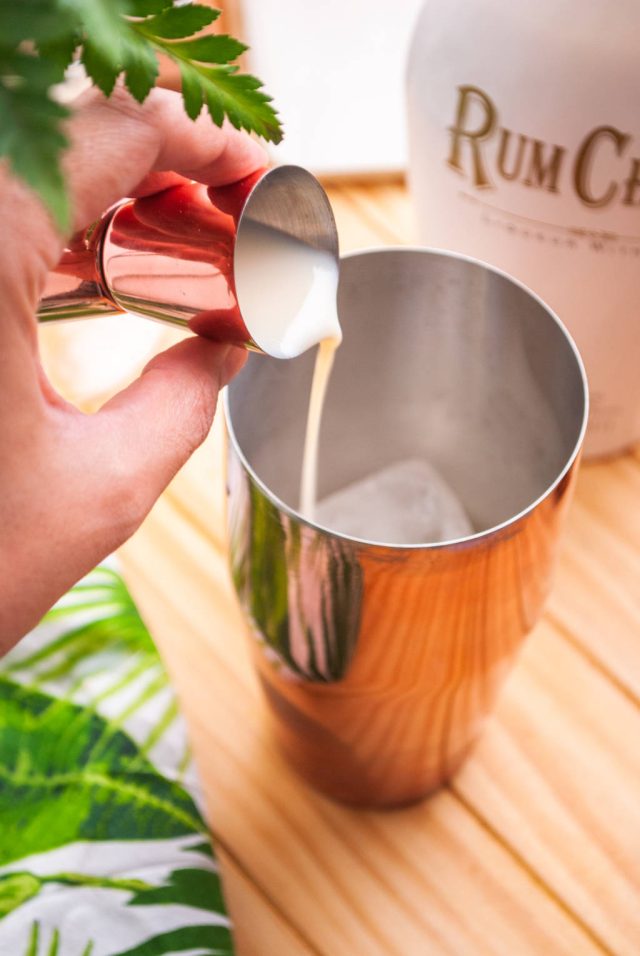 adding ingredients in a cocktail shaker for the Rumchata Martini