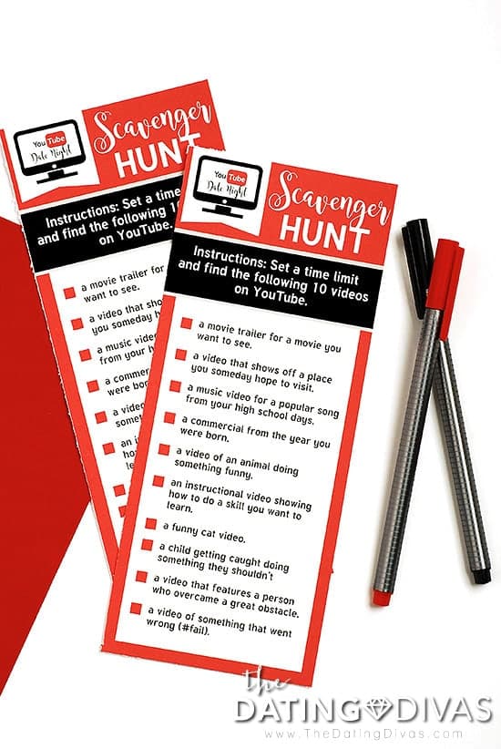 YouTube-Scavenger-Hunt for YouTube Date Night for date night basket ideas