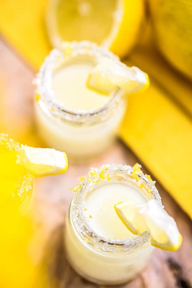 close up shot of lemon drop vodka shot recipes by Ashley Rose of sugar & cloth
