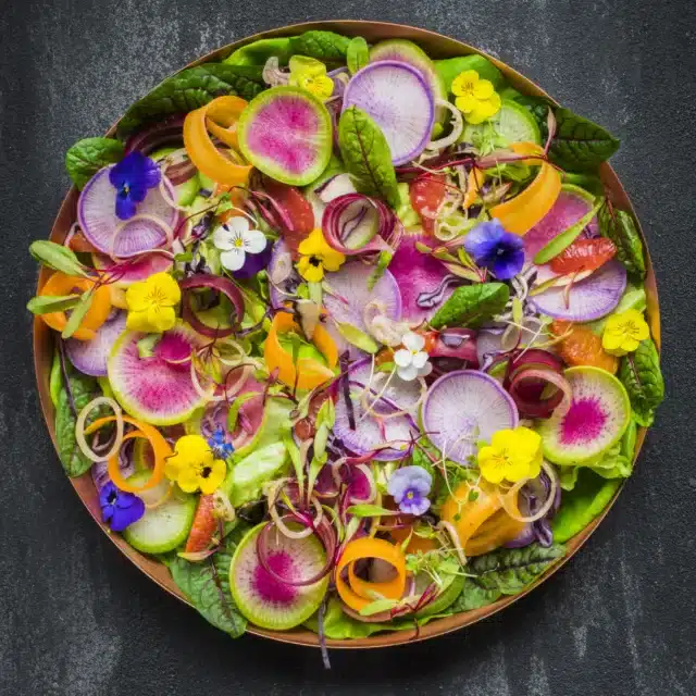 Rainbow Radish and Edible Flower Salad with Blood Orange Vinaigrette for edible flower recipe