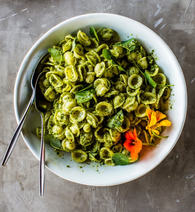Nasturtium Pesto Pasta for edible flower recipes