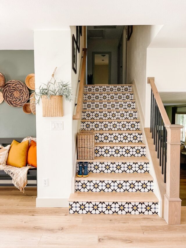 Use Peel and Stick Wallpaper for stair riser idea