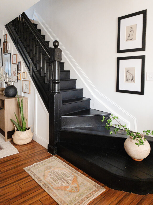 photo of painted black stair risers and stair treads for stair riser ideas