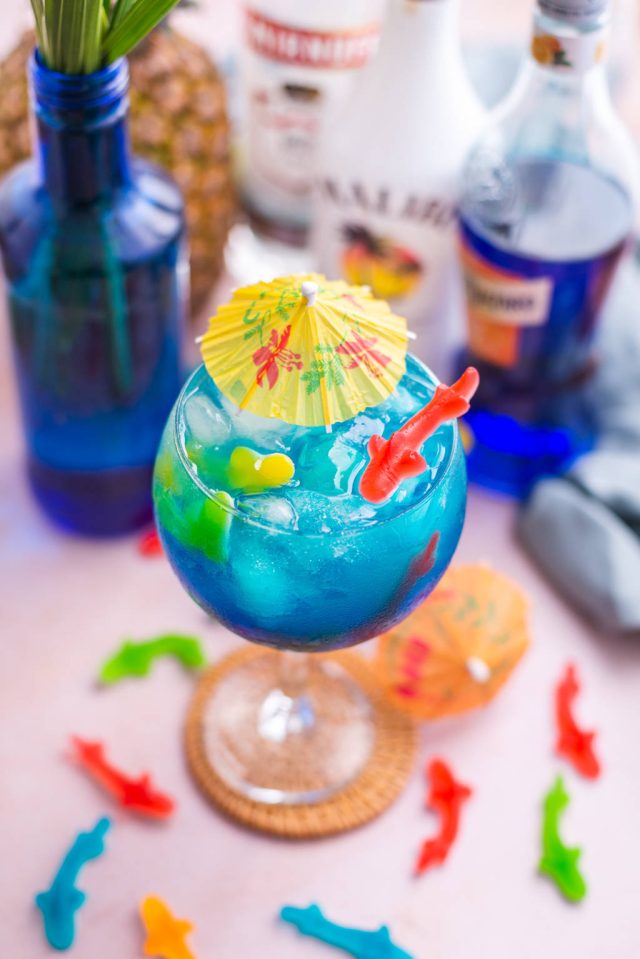 a glass of a fish bowl drink