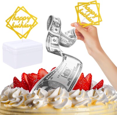 Birthday Money Box Cake, Money Cake Pull Out Kit for Birthday Graduation Party Cake Decoration Includes 1 Money Box 1 Plastic Roll 20 Transparent Bags Connected Pocket