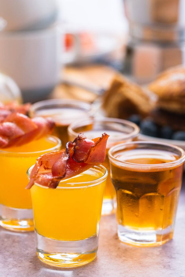 glasses of the Breakfast shots with bacon on top