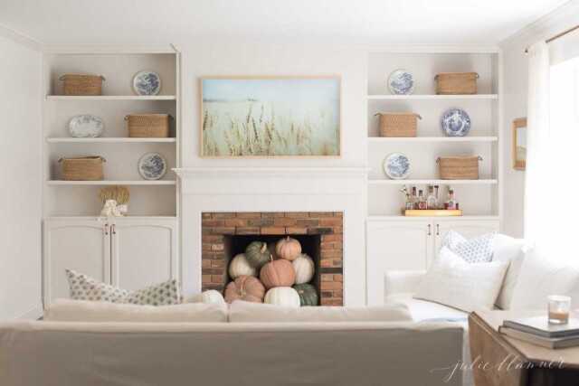 Pumpkins in an Empty Fireplace Idea