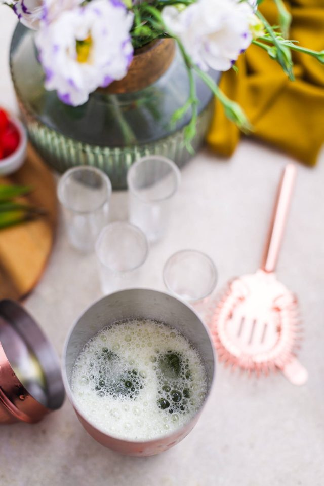 top view of the cocktail shaker after shaking the ingredients