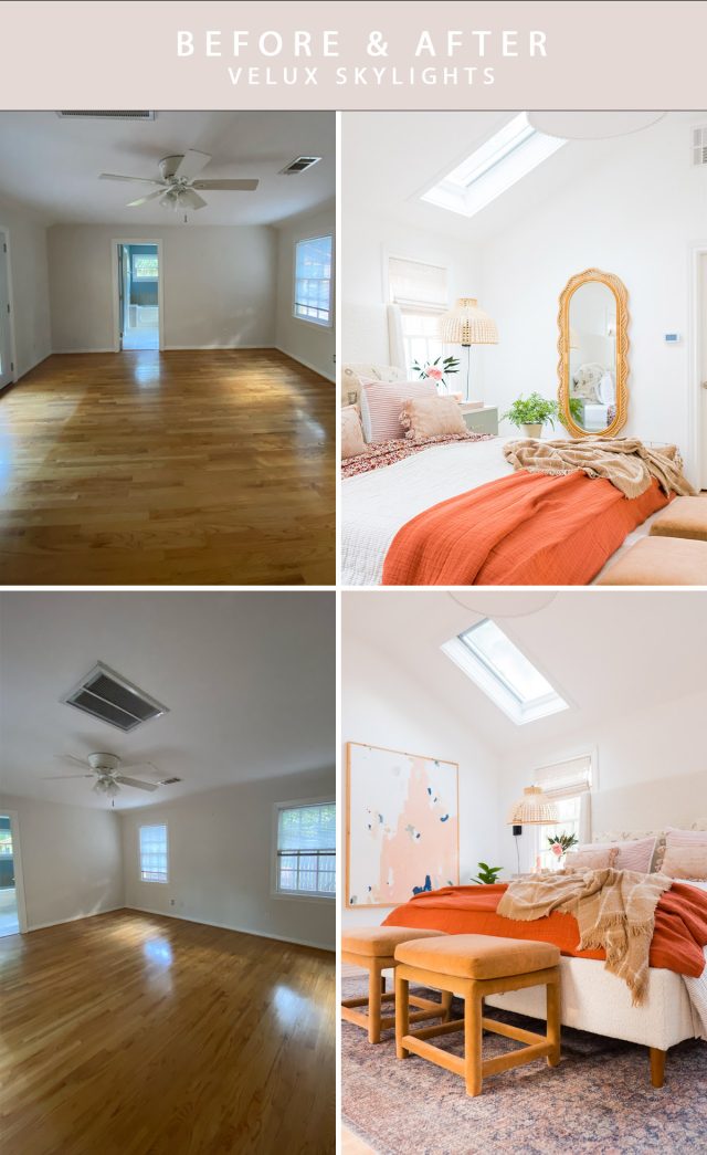 graphic of the before and after cottage bedroom makeover with VELUX Skylights from Ashley rose of sugar & Cloth