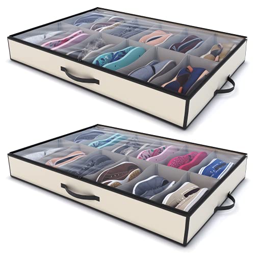 Woffit Under Bed Shoe Storage Organizer – Set of 2 Large Containers, Each Fit 12 Pairs of Shoes – Sturdy Box w/Strong Zipper & Handles – Underbed Organizers for Kids & Adults