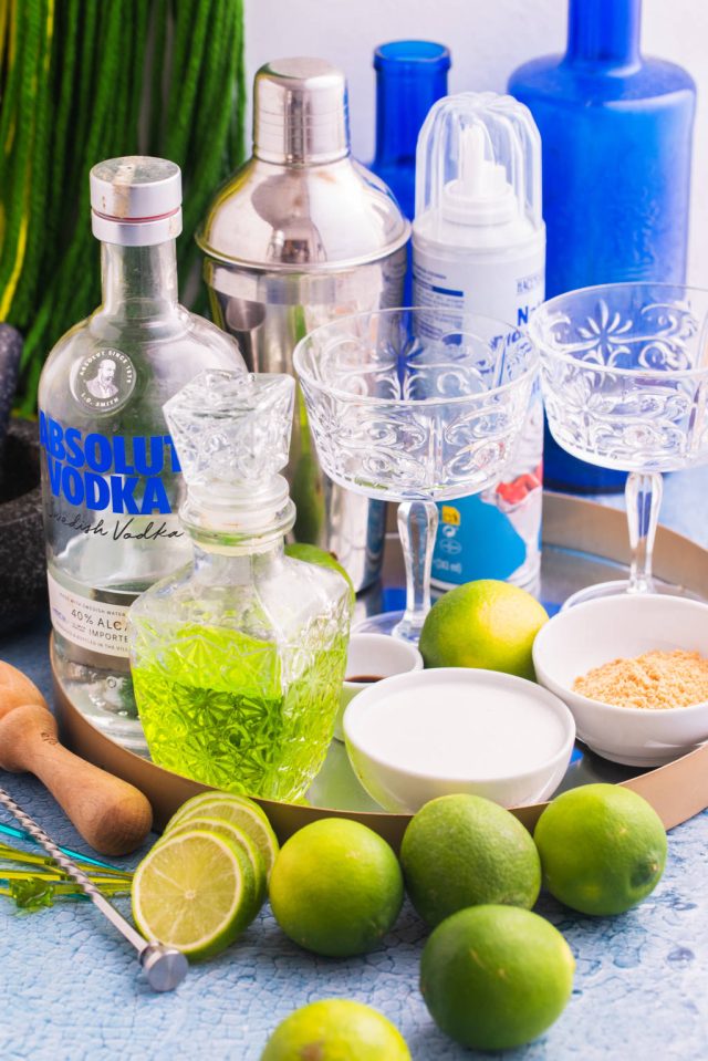 ingredients and equipment used to make the Key lime martini cocktail