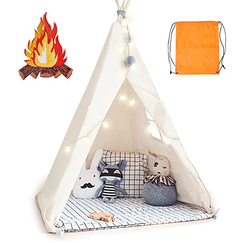 Teepee Tent for Kids Foldable Teepee Play Tent with Fairy Lights, Carry Case Water Resistance, Pretend Camp Fire, Four Poles Style Raw White Color - New Version Tiny House little dove