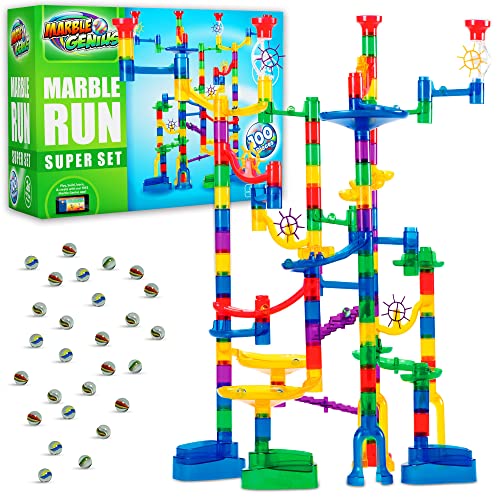 Marble Genius Marble Run (150 Complete Pieces) Maze Track or Race Game for Adults, Teens, Toddlers, or Kids Aged 4-8 Years Old, (85 Translucent Marbulous Pieces + 65 Glass-Marble Set), Super Set