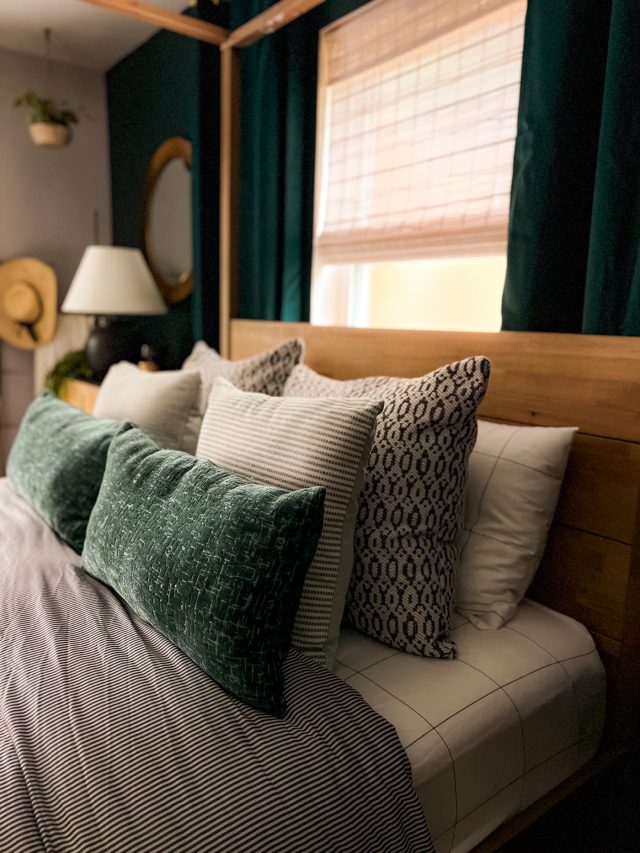 photo of using Brooklinen bedding for decorating a green bedroom by Ashley Rose of Sugar & Cloth