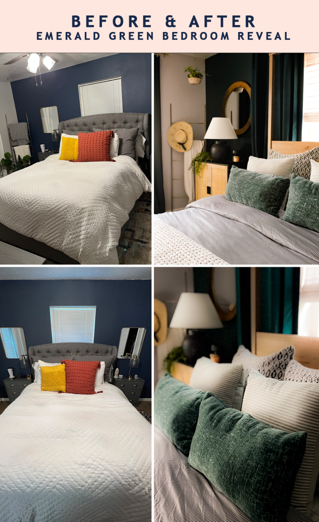 photo of the before and after of an emerald green bedroom design by Ashley Rose of Sugar & Cloth