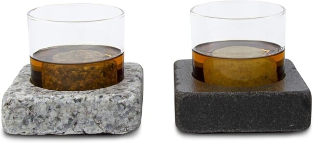 Cool Coaster 6 Piece Set- Includes: Two 4" Square Granite Aluminum-Lined Chilling Coasters, Two 8 oz Glass Tumblers & Two(2) "On the Rocks" Solid Granite Whisky Stones by Sea Stones