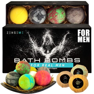 Bath Bombs for Men, Gift Set of 8 Scented Organic Handmade Bath Bombs of 2.5 oz with Natural Essential Oils. Perfect for Boyfriend, 