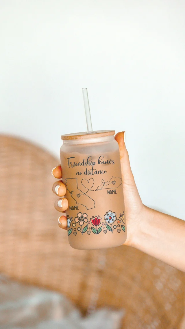 Long Distance Friendship - Best Friend Gift - Friendship Knows No Distance - Customized States - 16 oz Frosted Can Glass for long distance Valentine's Day gifts