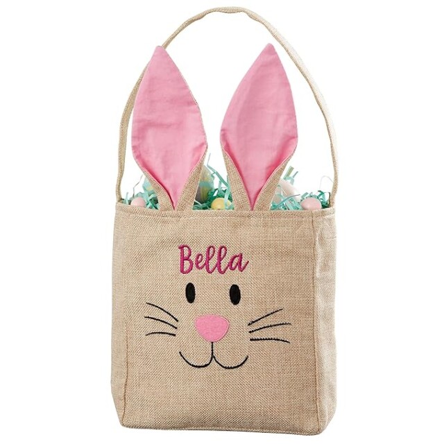 Personalization Universe Bunny Face Personalized Easter Treat Bag, Embroidered Burlap Easter Basket, Ideal for Easter Basket Stuffers, Blue & Pink Available, Easter Candy Bag with Bendable Ears- Pink