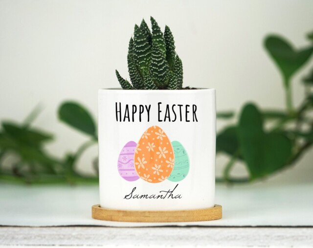 Personalized Easter Egg Name Gift Planter- 3" White Ceramic Pot w/ Bamboo Tray - Easter Home Decor - Easter Basket Stuffer - Easter Basket