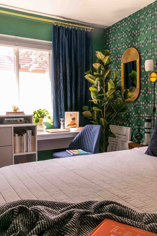 an emerald green bedroom redesign by Sugar & Cloth