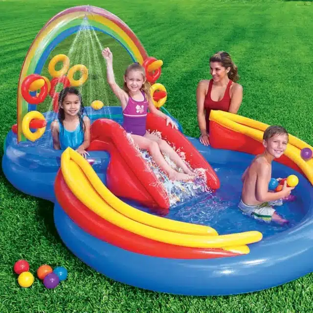 Intex Rainbow Ring Inflatable Play Center, 117" X 76" X 53", For Ages 2+ Intex 57453EP 9.75 Foot x 6.3 Foot x 53 Inch Multicolor Rainbow Slide Kids Inflatable Pool with Water Slide and Ring Toss for Children Ages 2 and Up for outdoor toys for kids