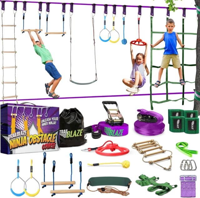 Jungle JumpaRoo - Trampoline/Bounce House-Like Play Set - Indoor/Outdoor Jungle Gym with Welded Swing bar - Large Ninja Warrior Obstacle Course for Kids for best outdoor toys for kids