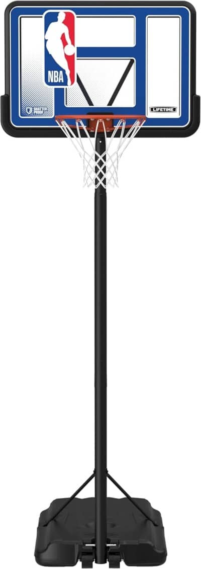 Lifetime NBA League Edition Portable Basketball Hoop, Adjustable Height 7.5-10 Ft, 44 Inch Shatterproof Fusion Backboard, Base with Wheels