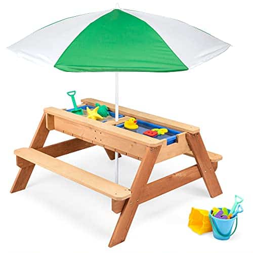 Best Choice Products Kids 3-in-1 Sand & Water Activity Table, Wood Outdoor Convertible Picnic Table w/Umbrella, 2 Play Boxes, Removable Top - Green Best Choice Products Kids 3-in-1 Sand & Water Activity Table, Wood Outdoor Convertible Picnic Table w/Umbrella, 2 Play Boxes, Removable Top - Green