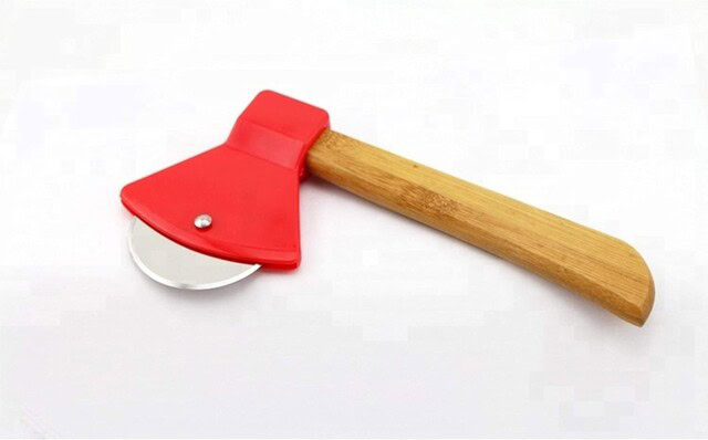 Axe Pizza Cutter with Bamboo Handle and Sharp Rotating Blade 