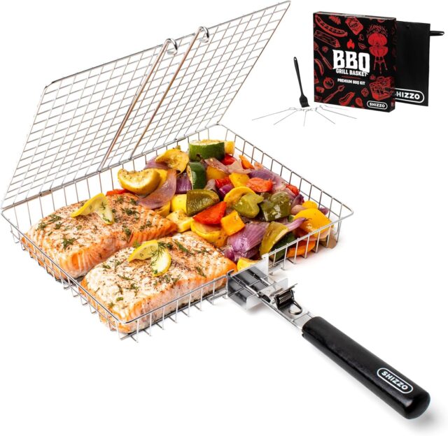 SHIZZO Grill Basket Value Set, Barbecue BBQ Grilling Basket , Stainless Steel Large Folding Grilling baskets With Handle, Portable Outdoor Camping BBQ Rack for Fish, Shrimp, Vegetables, Barbeque Griller Cooking Accessories, Gift, Gifts for father, dad, husband
