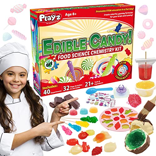 Playz Edible Candy Making Kit for Kids - Science Kits for Kids Age 8-12 Years Old - Food Science Chemistry Kit with 40+ Experiments and 21+ Tools to Make Your Own Chocolates and Candy for Boy & Girls