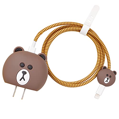 3D Cute Cartoon Charger Protector Case - Wire Protector Compatible for Apple 20W USB-C Power Adapter and Lightning Cable (V1 Bear)