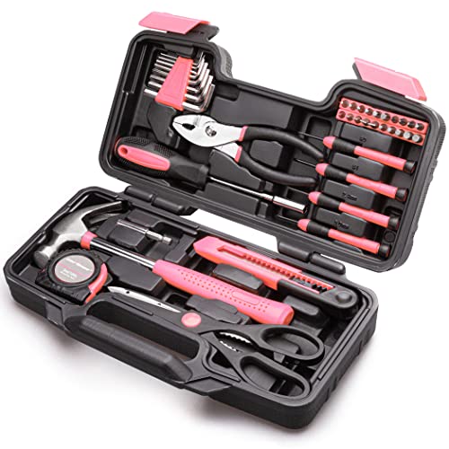 Cartman 39Piece Tool Set General Household Hand Tool Kit with Plastic Toolbox Storage Case Pink for gifts for girls