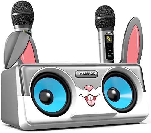 Rabbit Karaoke Machine for Kids, Children and Toddlers with 2 Wireless Bluetooth Microphones, Portable PA Speaker System Includes Lyrics Display Phone Holder, TV Cable and Singer Vocal Removal Mode