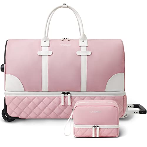 ETRONIK Rolling Duffle Bag with Wheels, 21 Inch Flight Approved Duffle Bag for Travel with Toiletry Bag, Carry on Luggage Overnight Bags for Women with Shoe Compartment, Pink