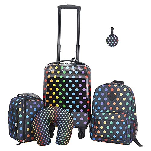 Travelers Club 5 Piece Kids' Luggage Set, Black Polkadot